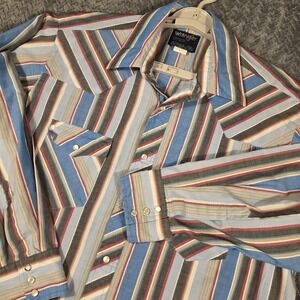 Wrangler Men's Western Pearl Snap Shirt XL Tall Blue Stripe Cowboy Cut Vintage